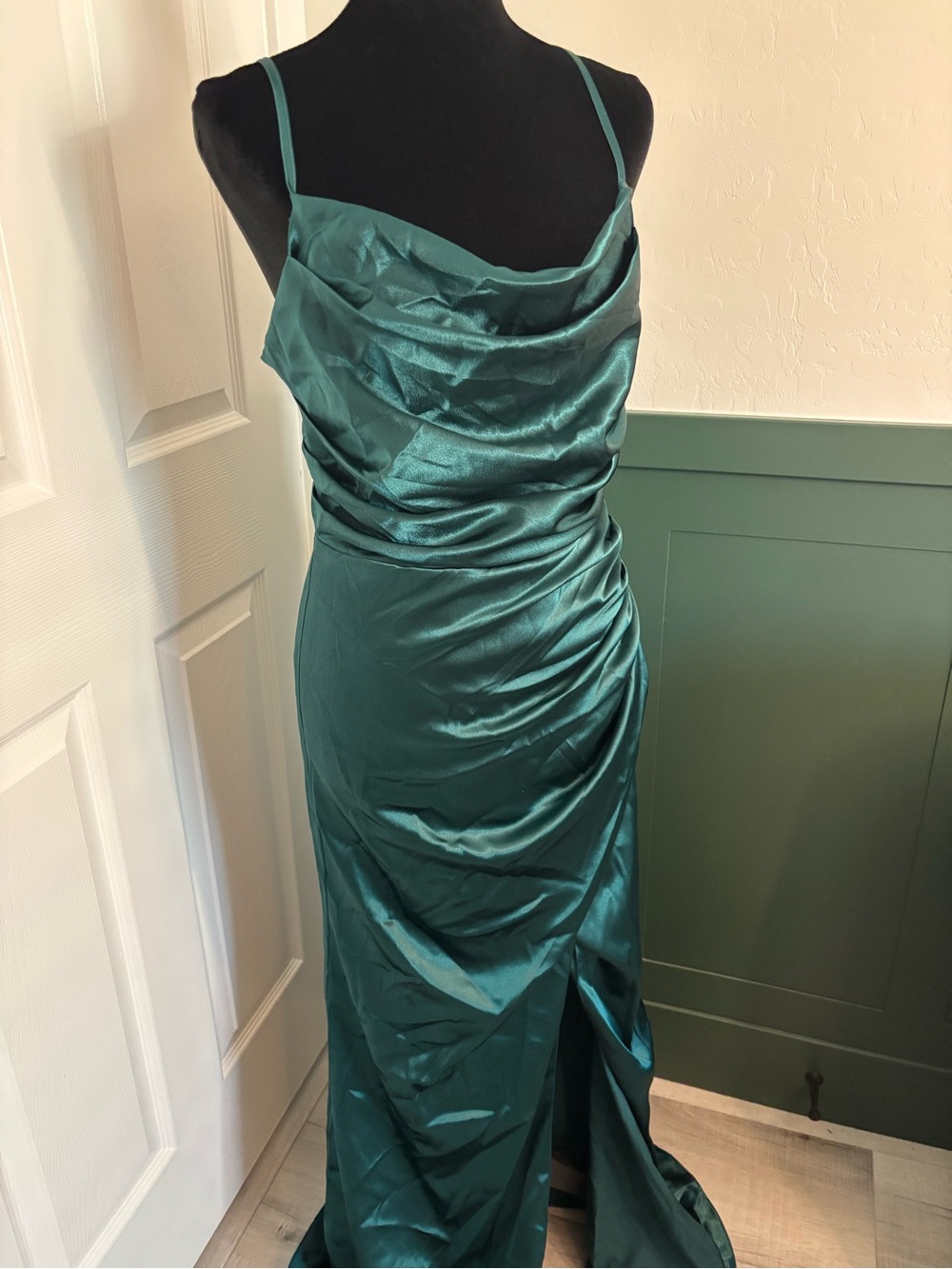 Birdy Grey Lydia Shiny Emerald Satin Bridesmaid Dress Slit NWT Medium - Picture 3 of 13
